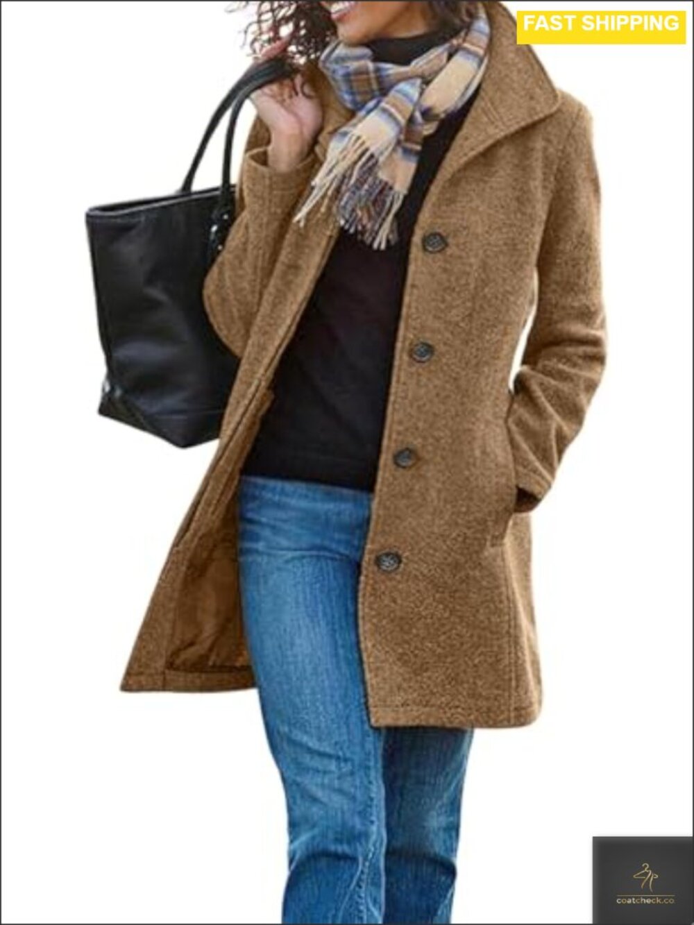 Wool Blend Pea Coat Stand Collar Single Breasted Mid Long Overcoat